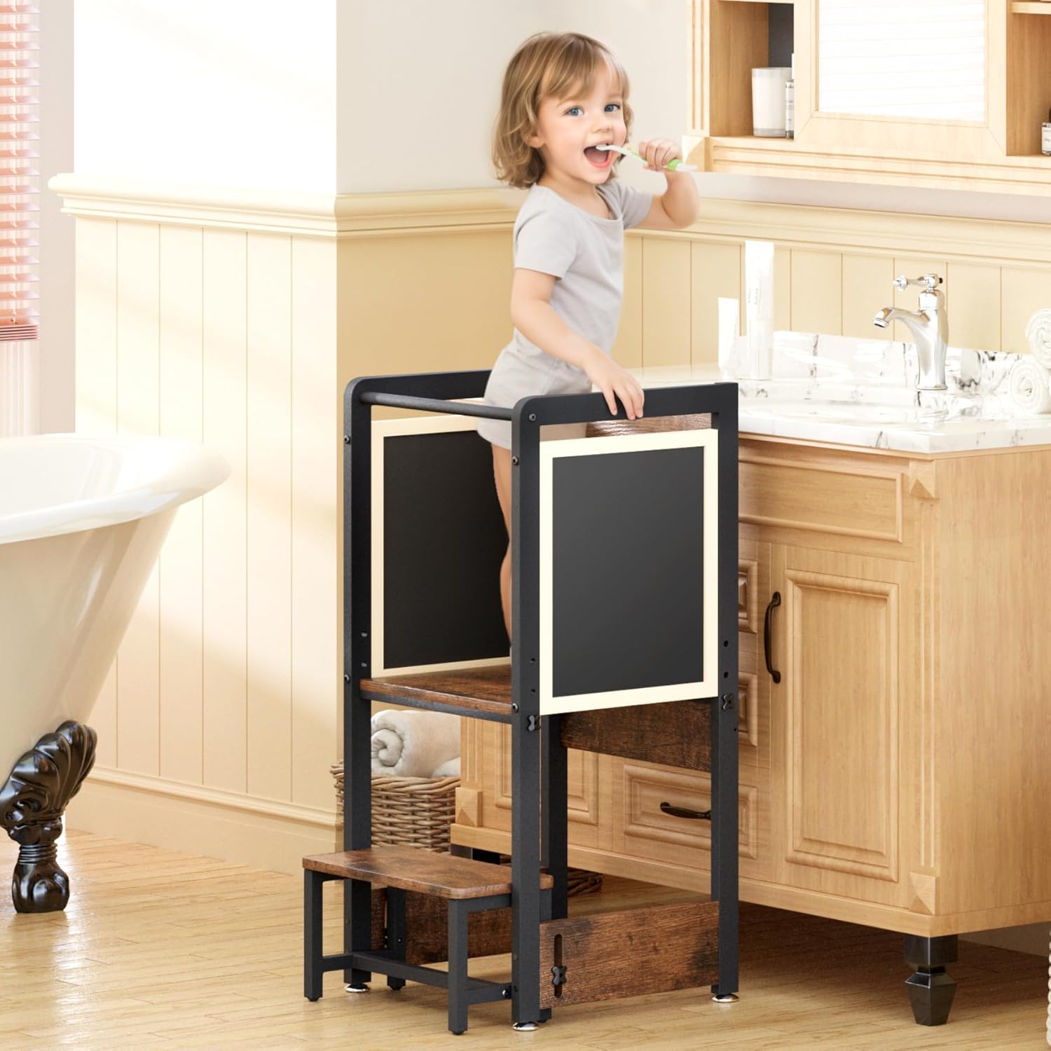 Toddler Kitchen Stool Helper 4-in-1 with Chalkboard Safety Rail, Adjustable Height Wooden Standing Tower J36959
