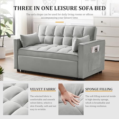 3 in 1 Convertible Sleeper Sofa Bed, Velvet Pull-Out Couch with Adjustable Backrest, Gray N451