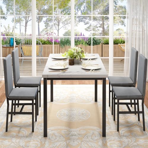 Hooseng Dining Table Set for 4, Faux Marble Tabletop & PU Leather Chairs, Brown & White Z433