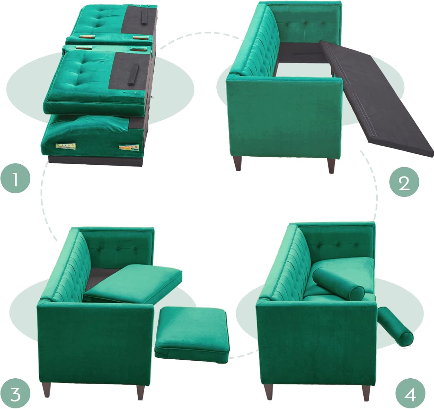 Mid-Century Velvet Sofa with Bolster Pillows, Green P274