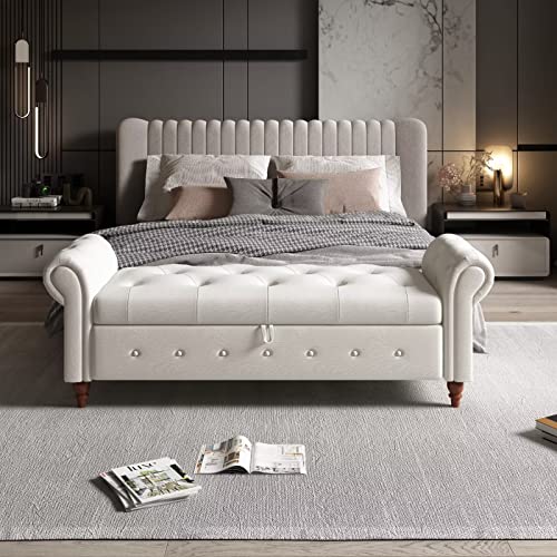 63" Tufted Storage Bench with Rolled Arms and Solid Wood Legs, Blue K38351
