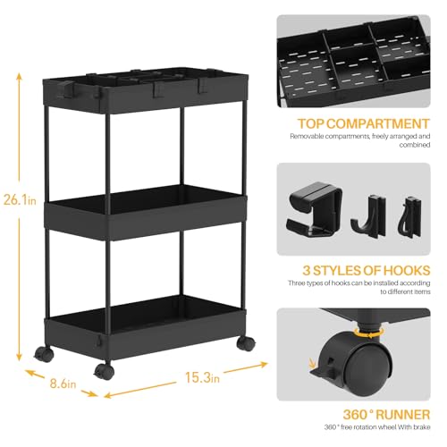SPACELEAD 3 Tier Rolling Cart with Wheels, Black I5552