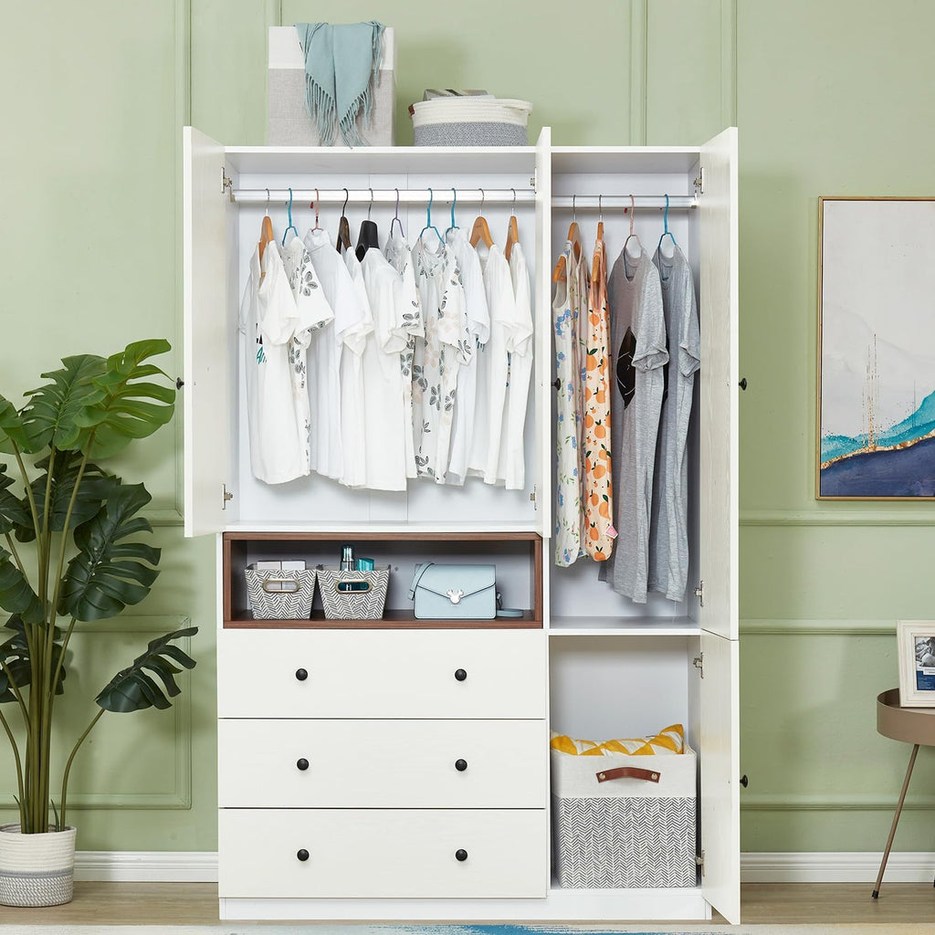 Wooden White 3-Door Armoire Wardrobe with Hanging Rod S96946