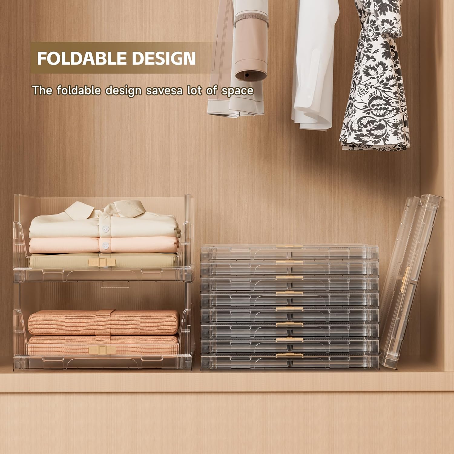 MIOPUR Stackable Closet Organizers and Storage Bins, 4 Pack Foldable Drawers, Clear R921