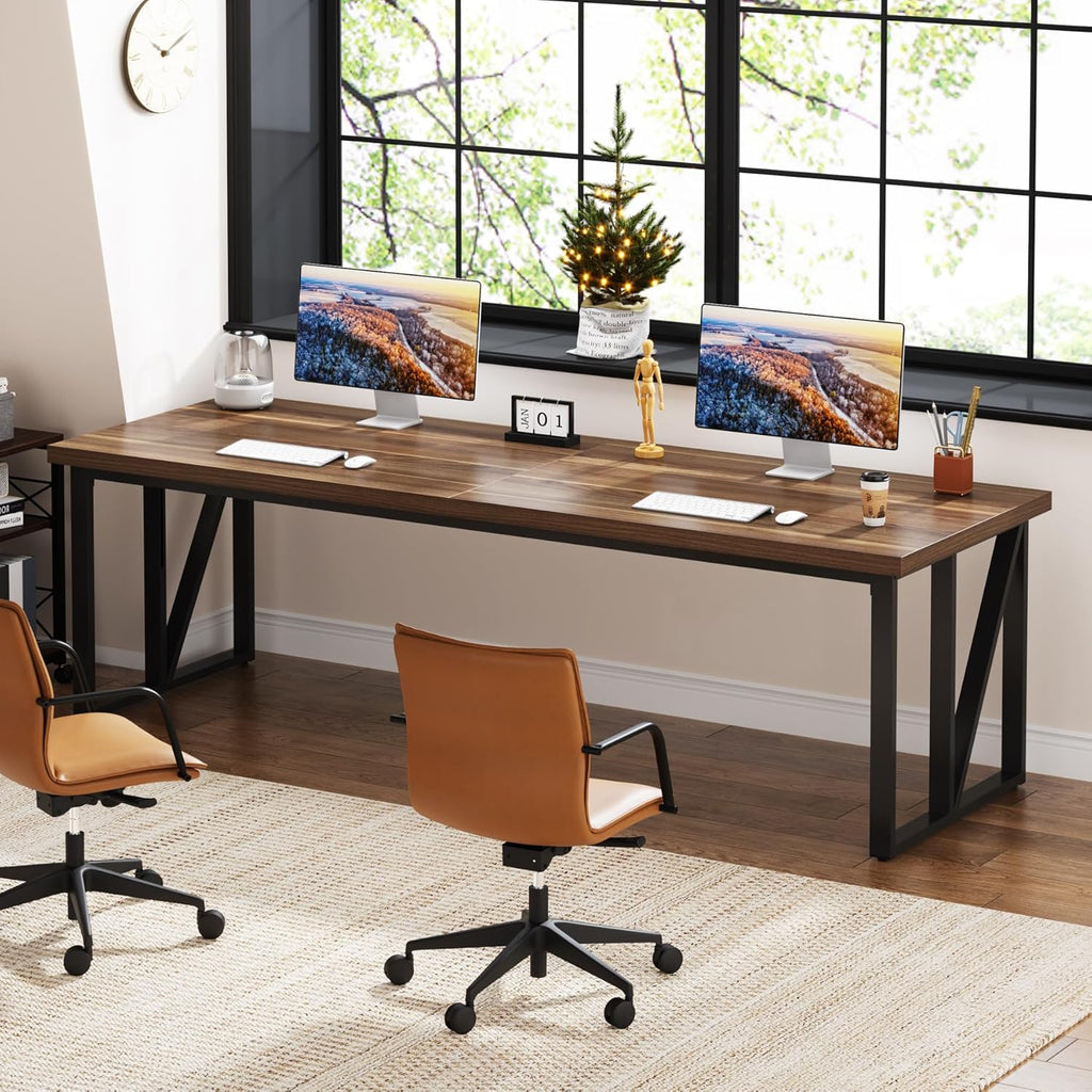 Tribesigns 78.7 Inch Double Computer Desk, Wood Home Office Desk, Brown V9398