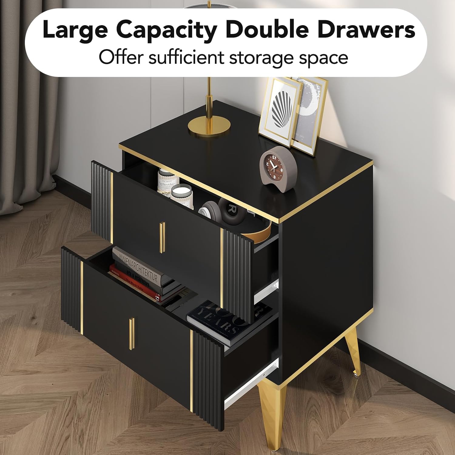 Wakefit Nightstands Set of 2, Light Luxury Bedside Table with 2 Wood Drawers, Black S5458