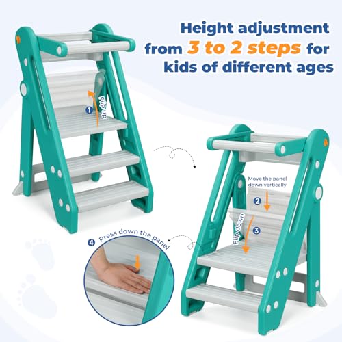 Onasti Toddler Tower Kitchen Stool Helper - Foldable, Adjustable Height, Blue Grey E26106
