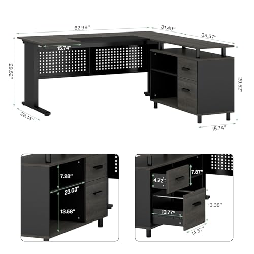 Tribesigns 63 Inch Executive Desk with File Cabinet, L Shaped Computer Desk, Gray and Black I266197