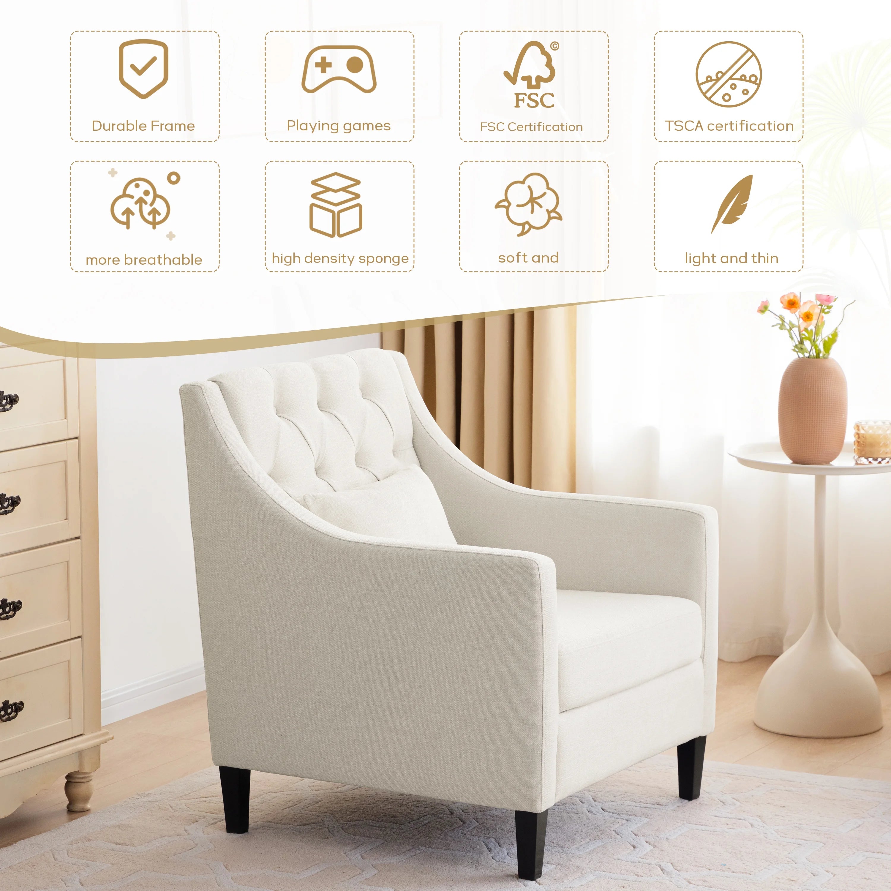 HUIMO Mid Century Modern Accent Chair, Upholstered Fabric Armchair with Wood Frame (Beige) C438319