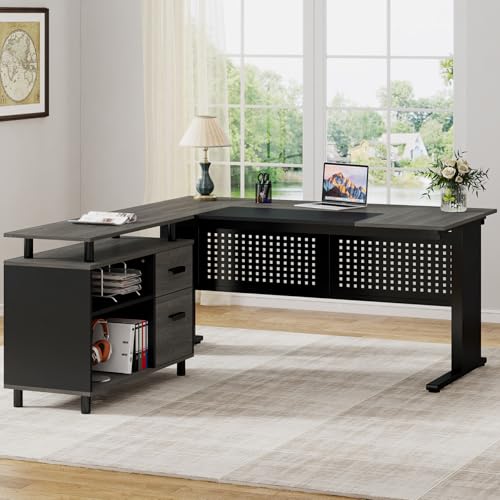 Tribesigns 63 Inch Executive Desk with File Cabinet, L Shaped Computer Desk, Gray and Black I266197