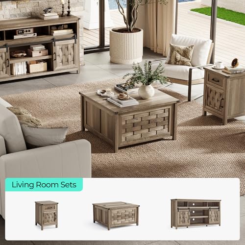LINSY HOME Farmhouse Coffee Table with Hidden Storage, Light Brown N7813