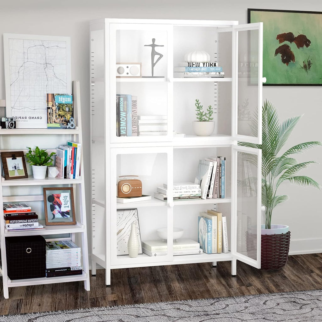 Tempered Glass Storage Cabinet 4-Door White with Adjustable Shelves U35144