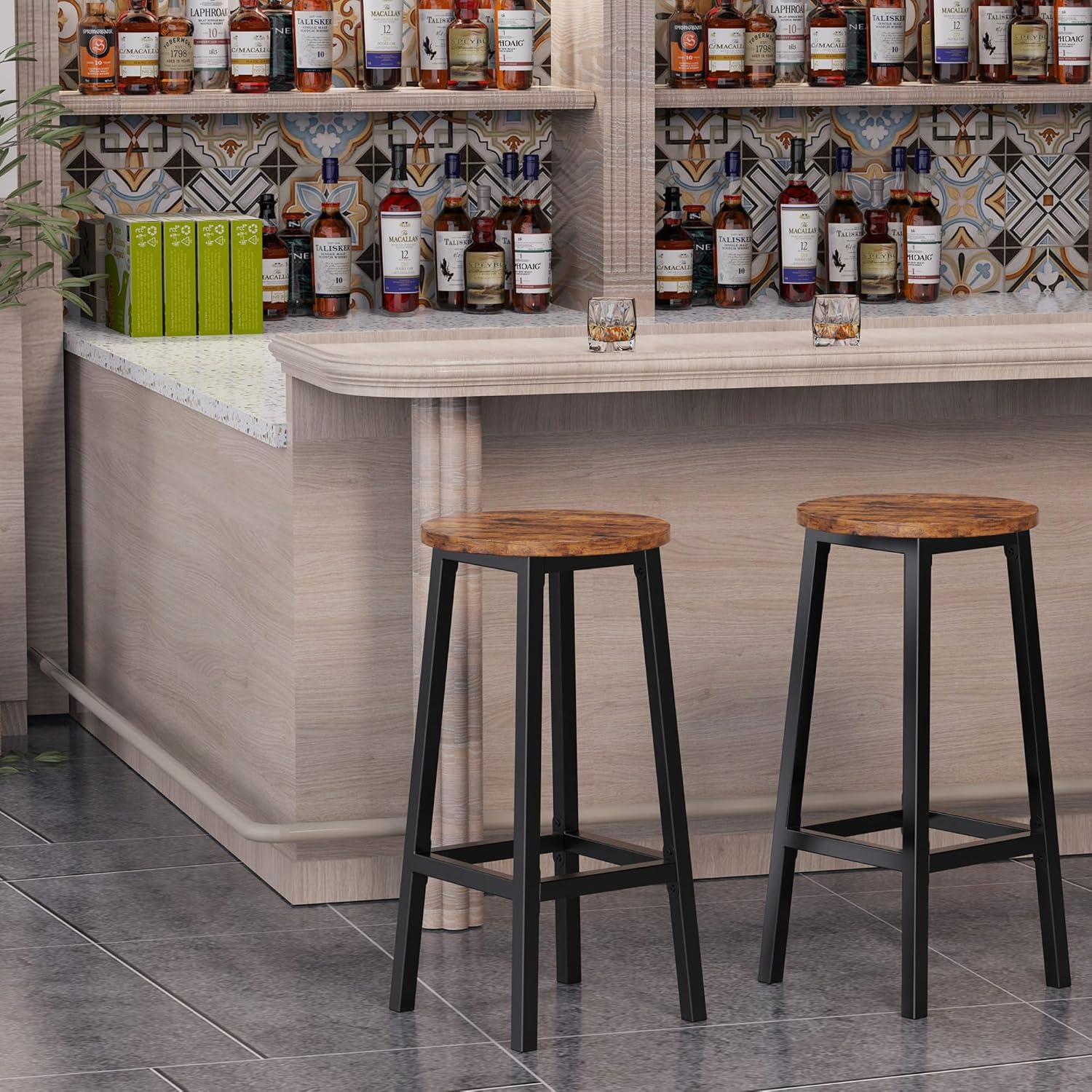 3-Tier Narrow Side Table with Magazine Holder, Set of 2 Bar Stools with Footrest W995575