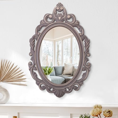 Oval Wooden Hanging Mirror Grey Carved Frame Wall Mirror Rustic Vintage Decorative Mirror Aesthetic for Vanity Bedroom Living Room Entryway Farmhouse Mirror 24"x16"