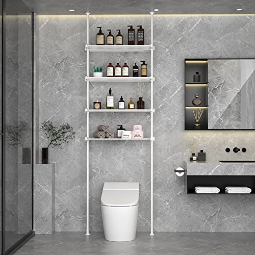 Adjustable Over The Toilet Storage Bathroom Organizer and Storage Shelf Stand Space Saving with Tension Poles 4 Tier Metal Rack White