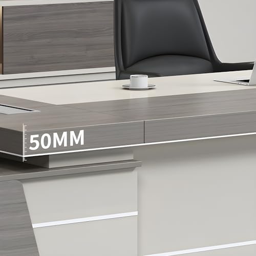 Modern Gray L-Shaped Executive Desk with Cord Management and Side Cabinet Z532159