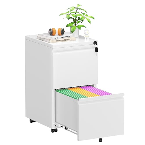 Superday 2 Drawer File Cabinet, Metal Rolling Filing Cabinet with Lock, Small File Cabinet with 2 Drawer, Filing Cabinets for Home Office Fit A4/Letter/Legal, Easy Assembled, White