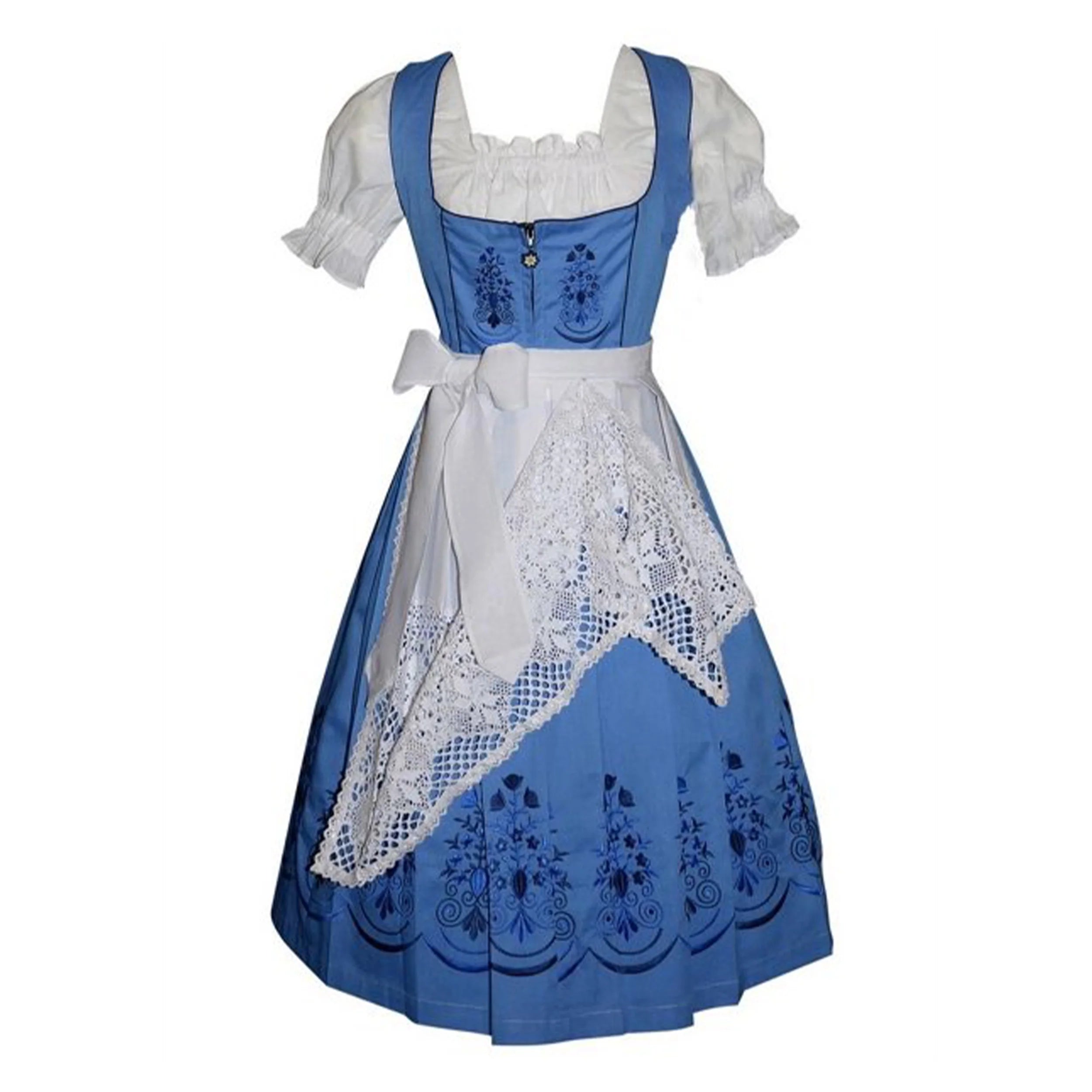 Dirndl Trachten Haus 3 Piece Long German Oktoberfest Dirndl Cotton Dress for Womens and Girls - Sky Blue