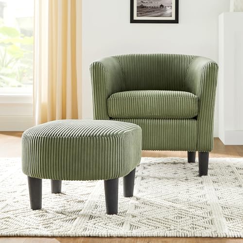 Accent Chair with Ottoman, Corduroy Fabric Armchair and Footrest Set, Green J344