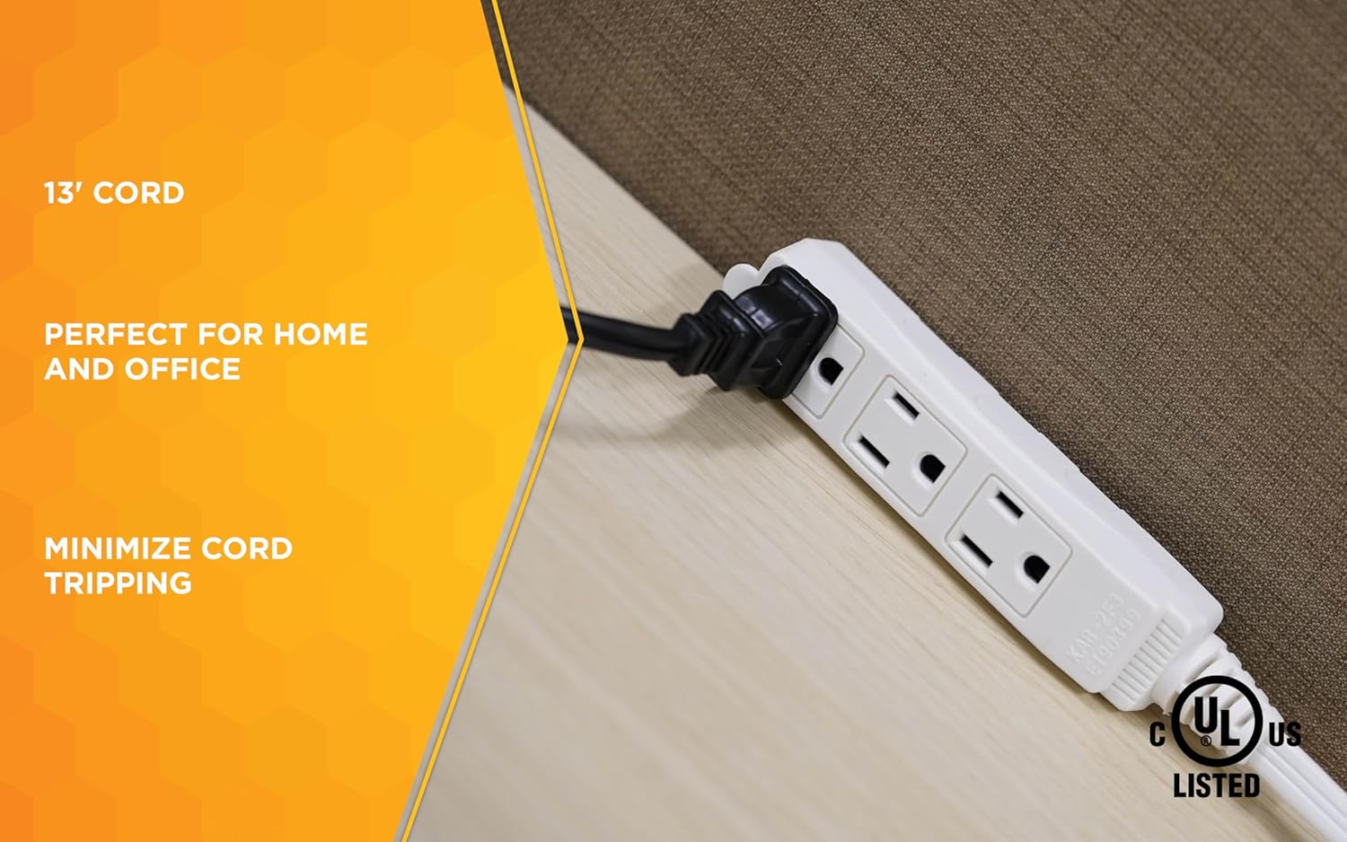 Woods Slimline 2232 Angled Flat Plug Extension Cord, 3 Grounded Outlets, 13-Foot, White M31688