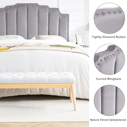 Kingfun Mid Century Velvet Upholstered Headboard for King Size Bed, Grey W923143