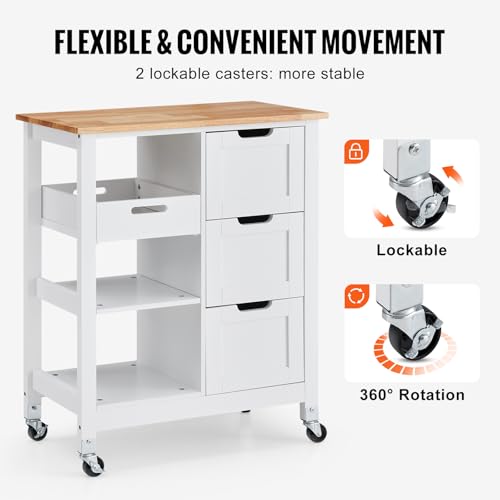 VEVOR Kitchen Island Cart, 26 inch Wood Top Rolling Cart with 3 Drawers D83256