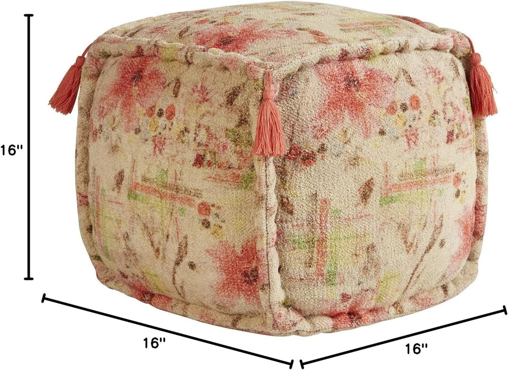 47th & Main Square Boho Tasseled Fabric Foot Stool Ottoman Pouf, 16" x 16" Y832