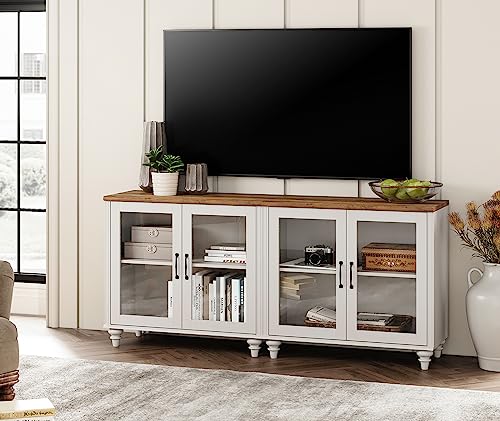 WAMPAT TV Stand for 43 Inch TV with Yellow LED Light, Wood TV Console Table Entertainment Center for Living Room, Buffet Cabinet with Glass Door for Dining Room, Off White