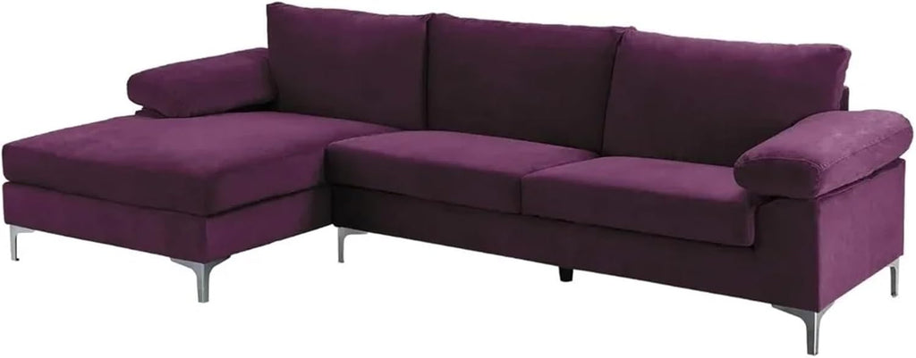 Modern Large Velvet L-Shape Sectional Sofa with Extra Wide Chaise Lounge, Purple A7998