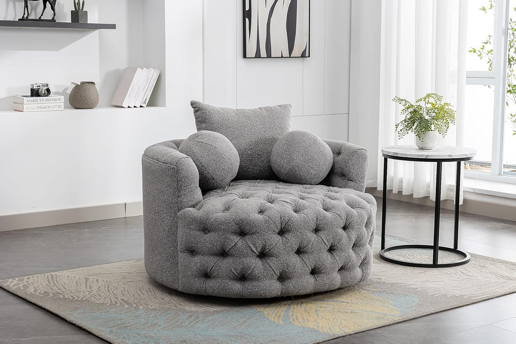 42.9" Oversized Swivel Accent Barrel Chair Chenille Tufted with 3 Pillows F8597