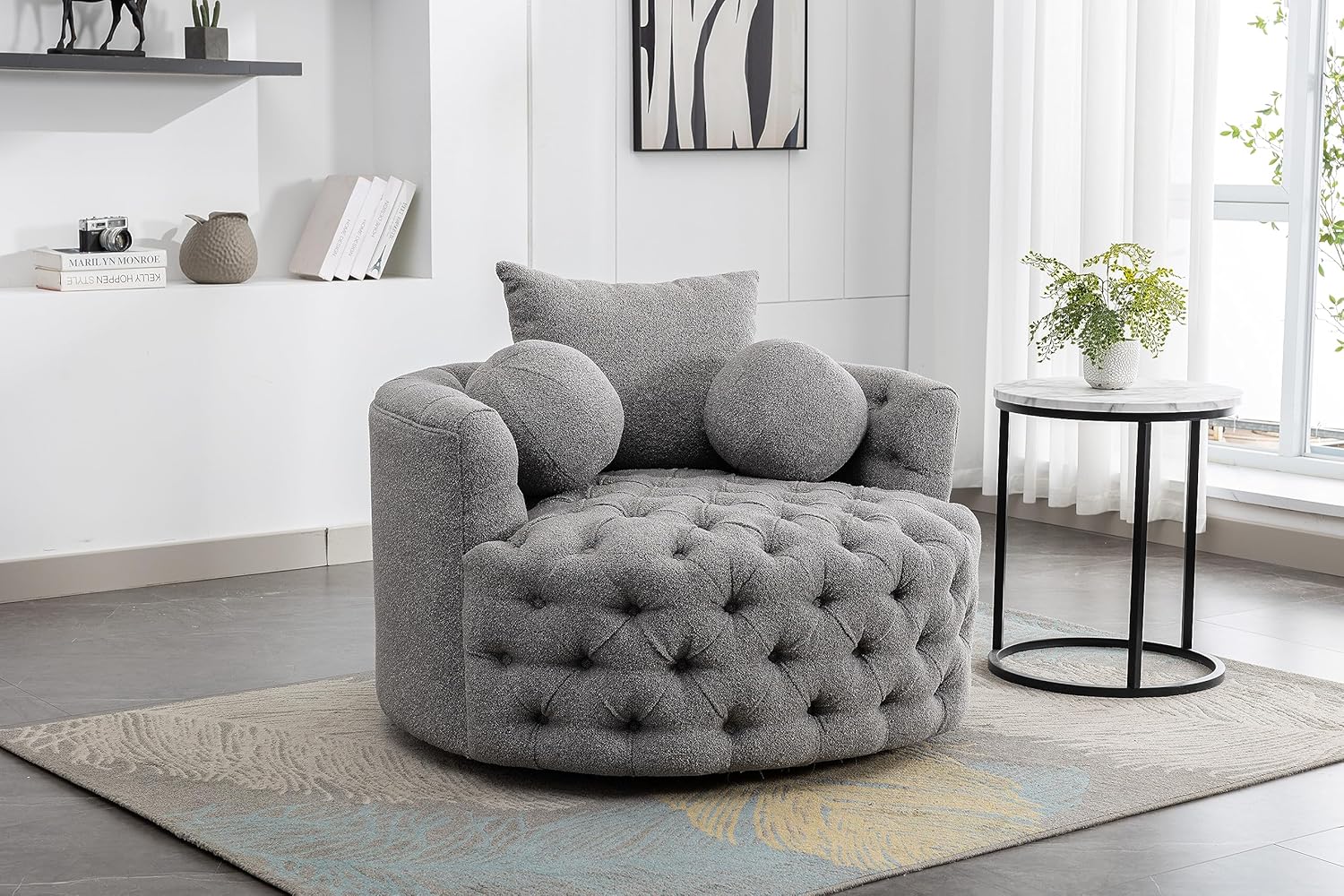 42.9" Oversized Swivel Accent Barrel Chair Chenille Tufted with 3 Pillows F8597