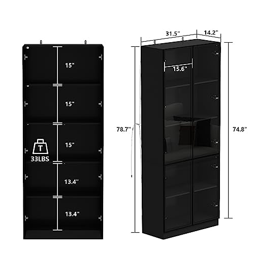 Hitow Glass Door Cabinet with Lights, 4 Shelves and 2 Drawers, Black F6428