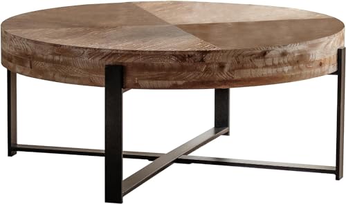 Antique Round Solid Wood Coffee Table with Metal Base, Natural & Gold K671
