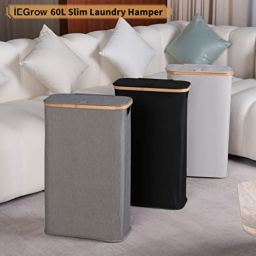 Slim Laundry Hamper with Lid, 75L Collapsible Clothes Basket with Bamboo Handles, Black R4048
