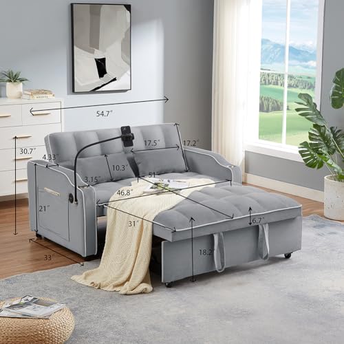 3-in-1 Velvet Pull Out Couch with Adjustable Backrest and Storage Pockets G48604