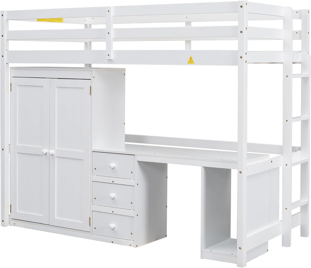 Twin Size Wood Loft Bed with Wardrobe, Desk and Storage Drawers, White H6245
