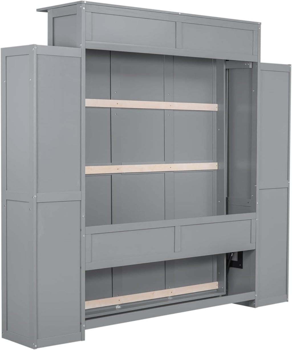 WADRI Queen Size Murphy Bed Wall Bed with Bookshelf, Solid Wood, Gray E603808