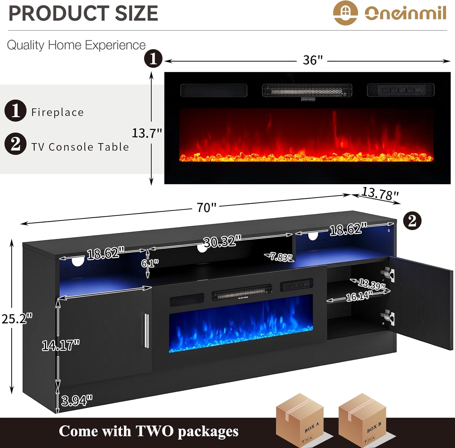oneinmil Fireplace TV Stand with 36" Electric Fireplace, Fits TVs Up to 80", Black Q703