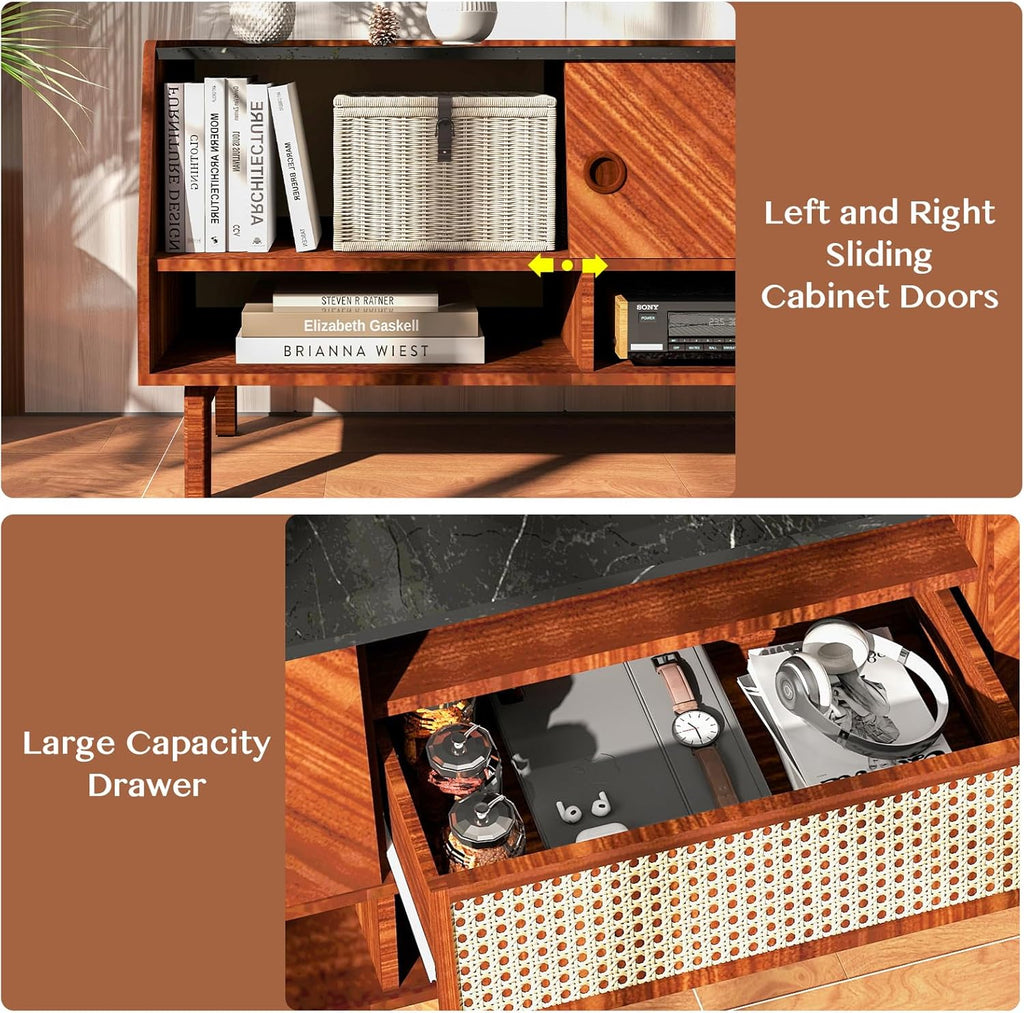 Mid Century Modern TV Stand for 75 Inch TV with Rattan Drawer, Walnut Z868