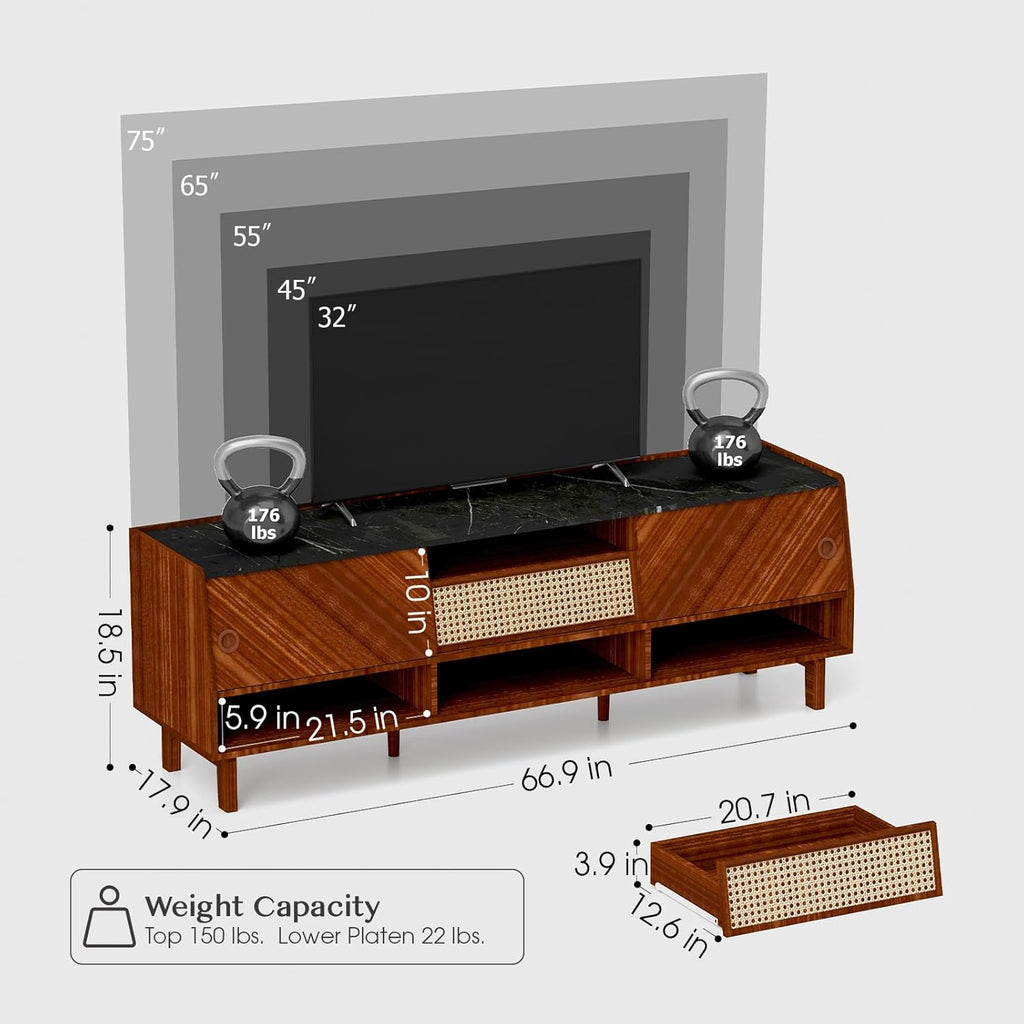 Mid Century Modern TV Stand for 75 Inch TV with Rattan Drawer, Walnut Z868