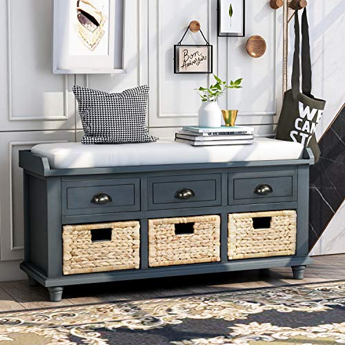 Navy Wood Shoe Storage Bench with Cushion and 2 Drawers E532