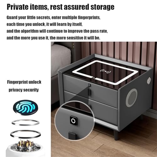 Nightstand with Wireless Charging Station, LED, 2 Drawers, Fingerprint Lock and Speaker (White 2) T603