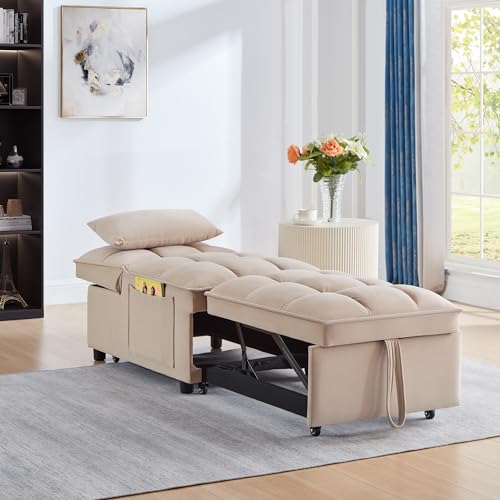 Velvet Sleeper Chair Bed with Adjustable Backrest, Taupe K77548