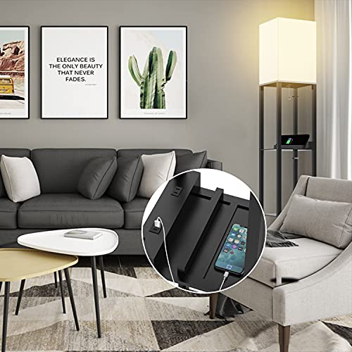 PAZZO Floor Lamp with Shelves, Solid Wood, 3 Color Temperature, Linen Shade, Bulb Included R3904
