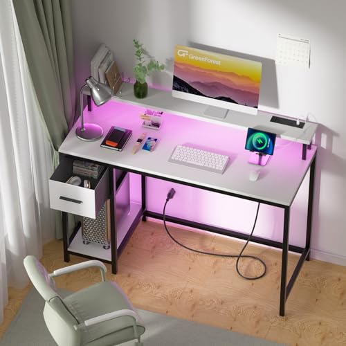 GreenForest Computer Desk with Drawers 47 inch, LED Lights & Power Outlets, Walnut A483756