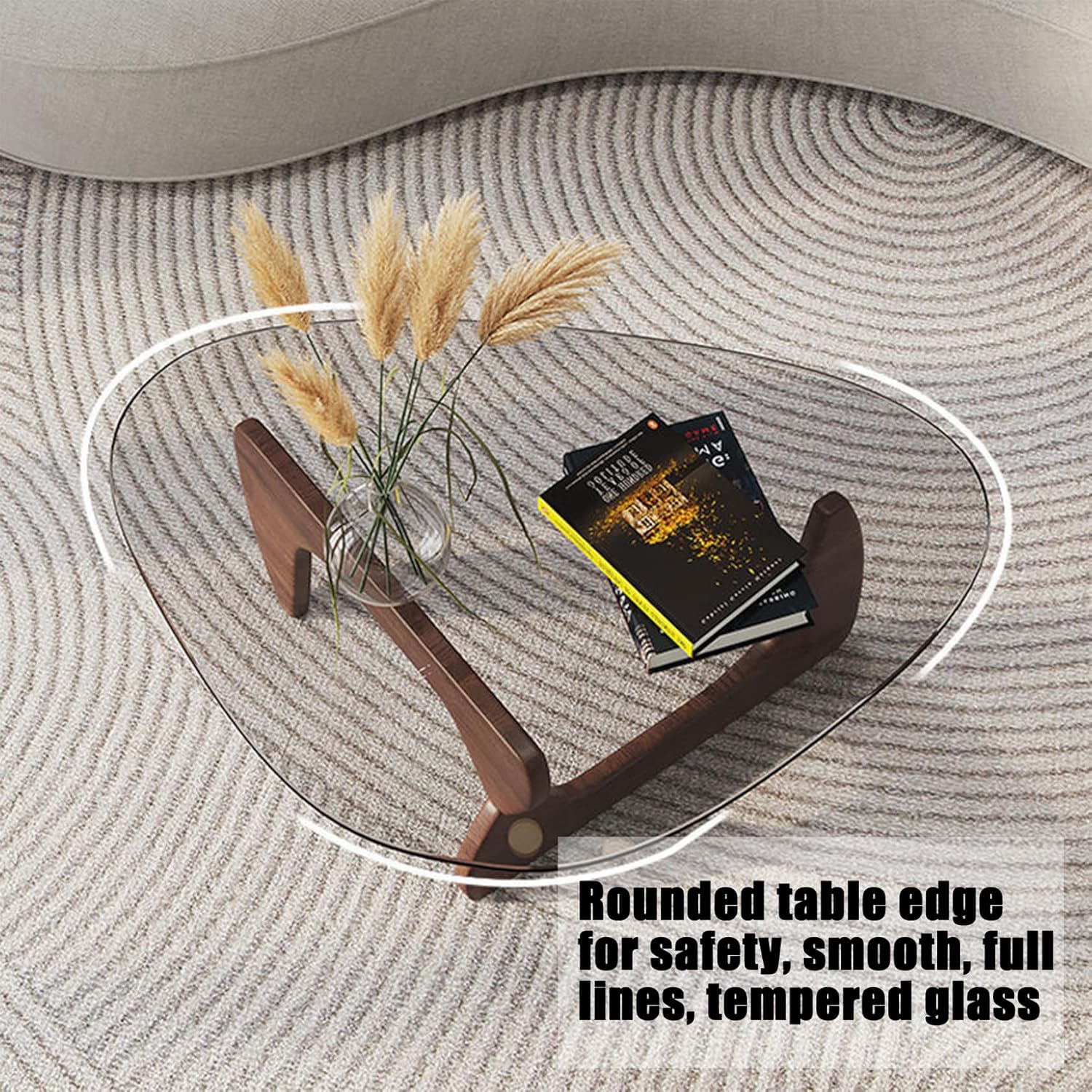 Triangle Glass Coffee Table Mid-Century Modern End Table Solid Wood Base Tempered Glass Top K4701