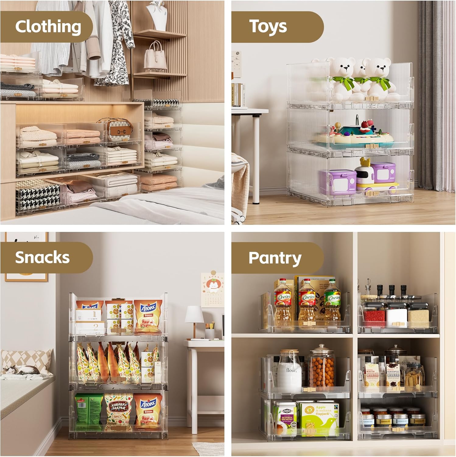 MIOPUR Stackable Closet Organizers and Storage Bins, 4 Pack Foldable Drawers, Clear R921