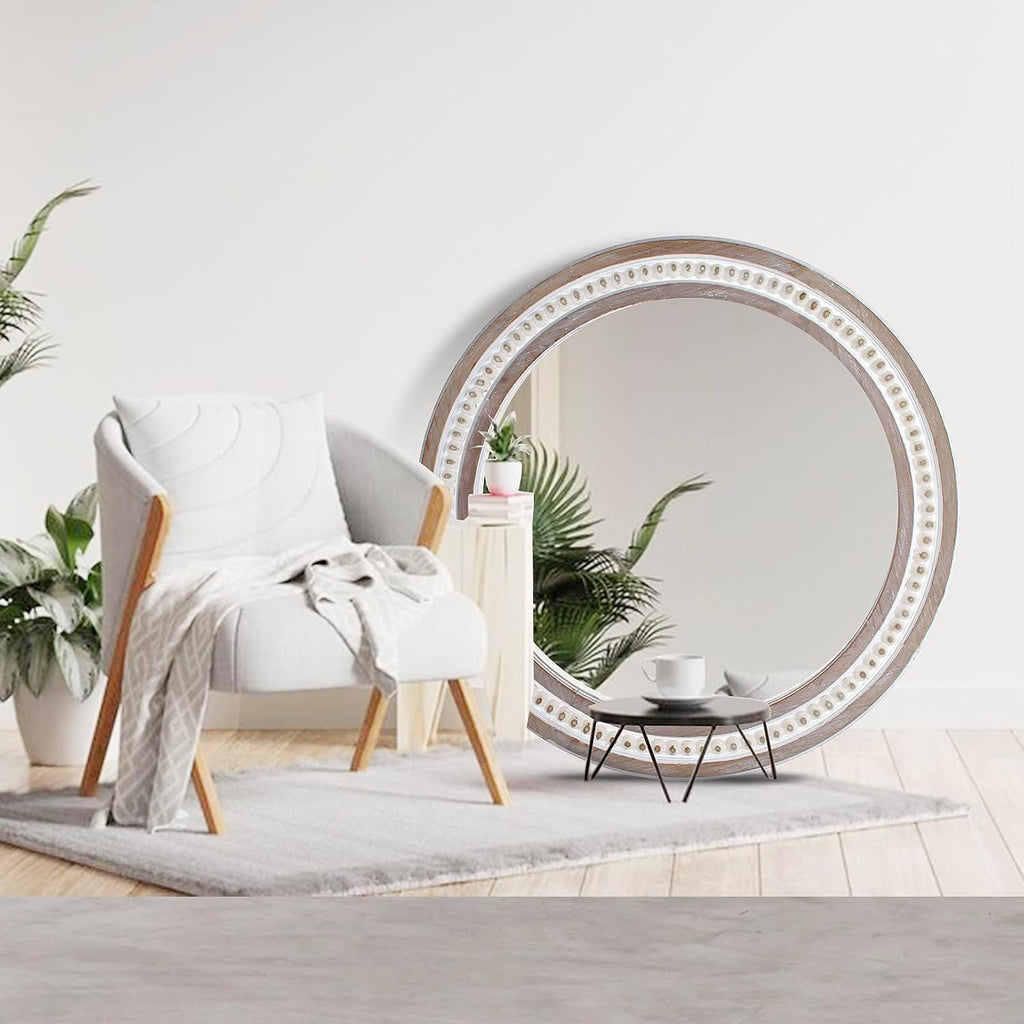 24 Inches Farmhouse Round Wood Mirror with Beads, Rustic Wall Decor A43766