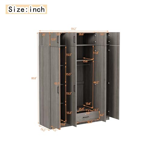Wardrobe Armoire with 4 Doors, Mirror, Shelves and Hanging Rod R902
