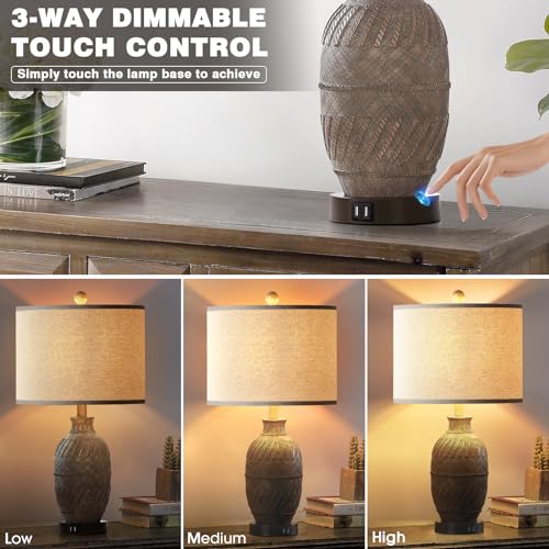 3-Way Dimmable Touch Control Table Lamps Set of 2 with USB Ports and AC Outlet K9743